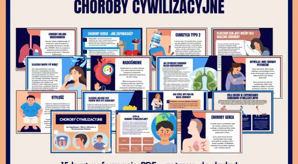 Plakat informuje o chorobach cywilizacyjnych, ich przyczynach i profilaktyce. Przedstawia m.in. choroby serca, cukrzycę, nadciśnienie, otyłość i problemy z układem oddechowym.