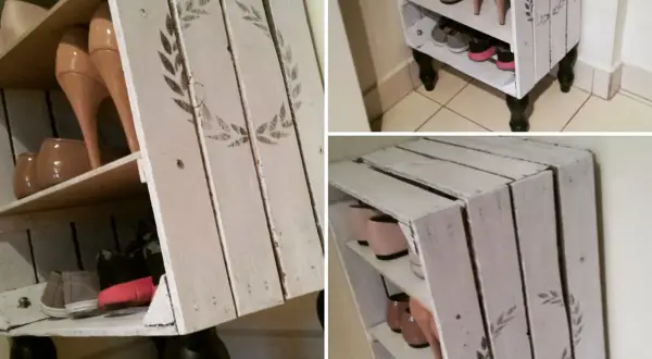 Biała, drewniana szafka na buty z ozdobnym wzorem, z różnymi rodzajami obuwia na półkach.