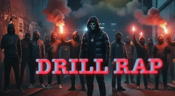 Grupa zamaskowanych osób z flarami, centralnie postać w kapturze z maską czaszki. Napis "DRILL RAP" sugeruje jeden z rodzajów rapu.