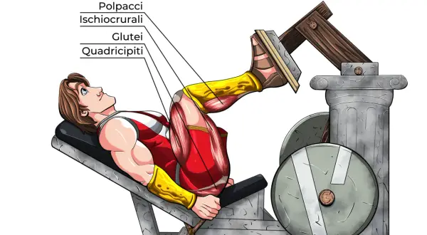 Uomo in stile anime esegue leg press, evidenziando i quadricipiti, glutei e ischiocrurali.