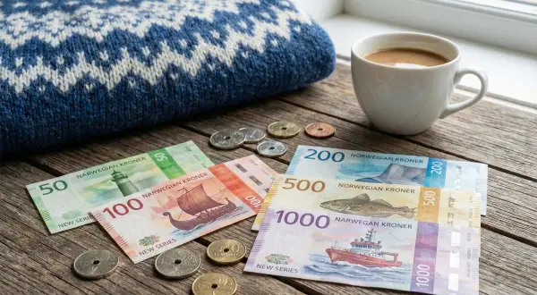 Norweskie banknoty i monety leżą obok kubka kawy i swetra. Zastanawiasz się, co z koroną norweską?