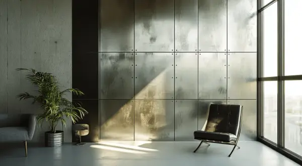 Un fauteuil en cuir noir et une plante verte devant un mur de panneaux de métal zinc patiné, éclairé par un rayon de soleil.