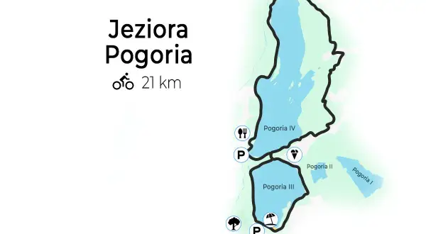 Mapa z trasami rowerowymi wokół Jeziora Pogoria. Długość trasy 21 km.