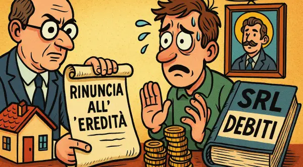 Uomo preoccupato davanti a un documento di rinuncia parziale eredità, con una casa, monete e un libro "SRL Debiti".