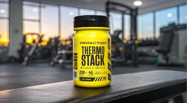 Barattolo giallo di Thermo Stack, un integratore termogenico, in palestra. Quanto tempo da risultati? Dipende dal tuo impegno.
