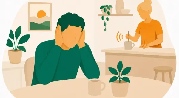 Man med händerna för öronen, plågad av ljud från en kvinna som rör i en mugg. En illustration av misofoni svenska.