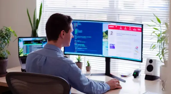 Uomo al lavoro, con la sua postazione schermo PC ottimale per la produttività.