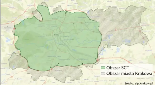 Mapa Krakowa z zaznaczonym obszarem SCT i obszarem miasta, pokazująca zasięg strefy czystego transportu, która ma na celu poprawę norm spalin w Krakowie.