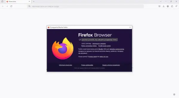 Okno "O programie Mozilla Firefox" z opcją "Uruchom ponownie, aby uaktualnić przeglądarkę Firefox" dla przyspieszania Firefox.