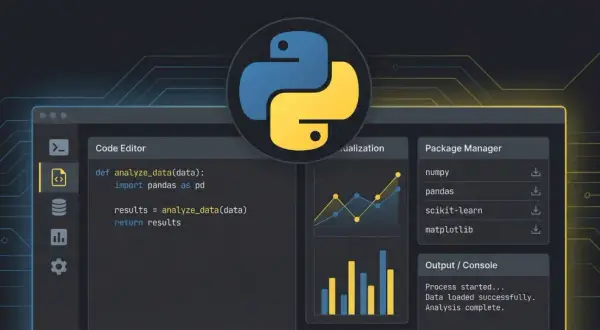 Interface de développement pour le **comment python** avec un éditeur de code, des graphiques et un gestionnaire de paquets.