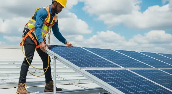 Técnico instala placas solares en casa de campo, asegurando energía limpia bajo un cielo azul con nubes.