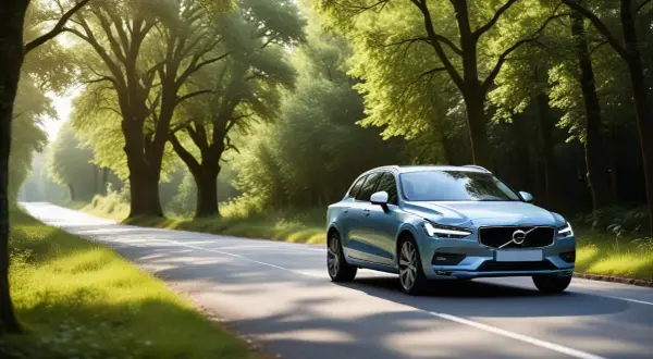 Blå Volvo kör på en solig landsväg. Kanske ett volvo d2 motor problem gör att den stannar snart.