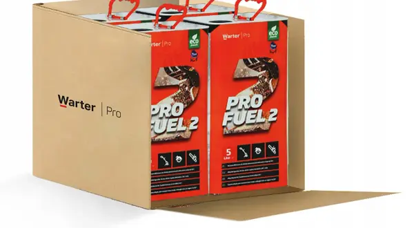 Paliwo do piły spalinowej: jakie paliwo do piły spalinowej 95 czy 98? Karton z 4 kanistrami paliwa Warter Pro Fuel 2.