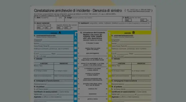 Modulo di constatazione amichevole di incidente, con campi per descrivere il sinistro e i veicoli coinvolti.