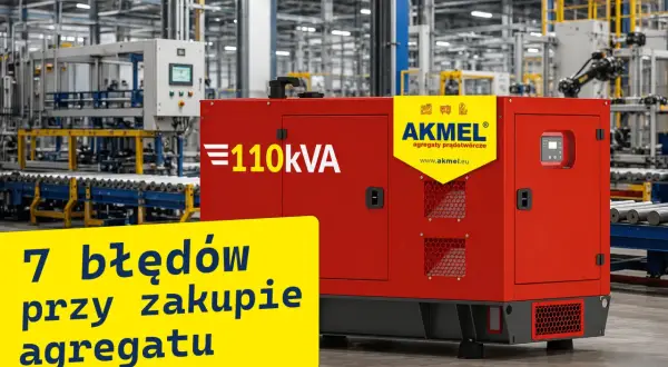 Czerwony agregat prądotwórczy 110kVA marki AKMEL w hali produkcyjnej. Obok żółta tablica z napisem "7 błędów przy zakupie agregatu".