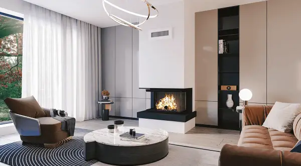 Salon moderne avec cheminée, fauteuil design et canapé en velours. Un insert ufc-que choisir pour un confort optimal.