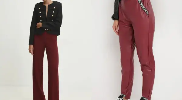 Dwie stylizacje z bordowymi spodniami: eleganckie z marynarką w stylu militarnym i sportowe z czarną kurtką i sneakersami.