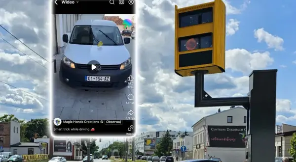 Biały van z tablicą rejestracyjną 01-154-AZ, na którym widać żółty fotoradar. Kierowca próbuje oszukać system, by uniknąć mandatu z fotoradaru.