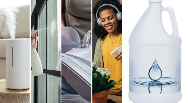 Humidificateur, nettoyage de vitres, remplissage de fer à repasser, arrosage de plantes, et une bouteille d'eau sans minéraux.