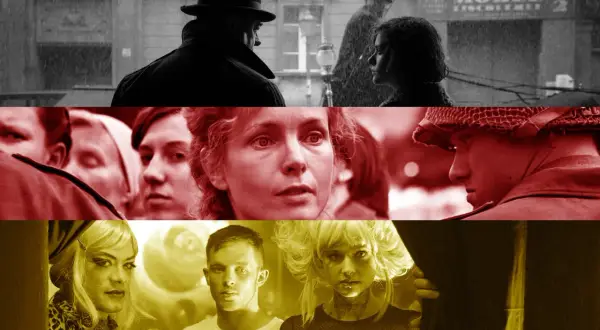 Collage av scener från en tysk serie på SVT. Män och kvinnor i olika miljöer, från regniga gator till närbilder av ansikten.