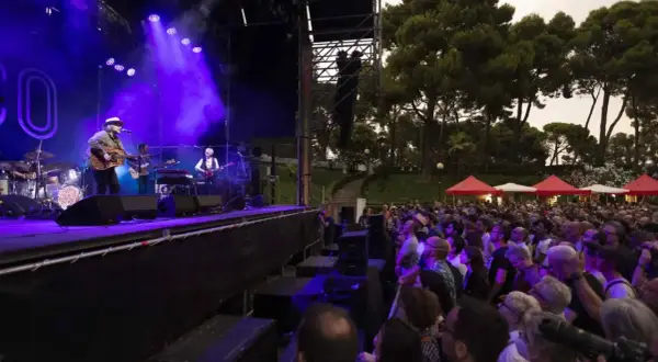 Concierto en un jardín de invierno con pilares de escenario y una multitud disfrutando bajo luces púrpuras.