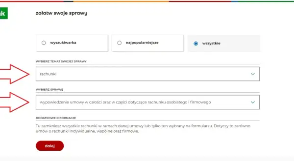 Formularz mBank: wybierz "rachunki", następnie "wypowiedzenie umowy" by dowiedzieć się jak zamknąć konto w mBank.