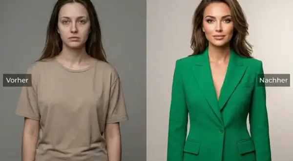 Vorher/Nachher-Vergleich: Eine Frau in einem einfachen T-Shirt wird durch eine professionelle Typberatung Kleidung in einem eleganten grünen Blazer verwandelt.