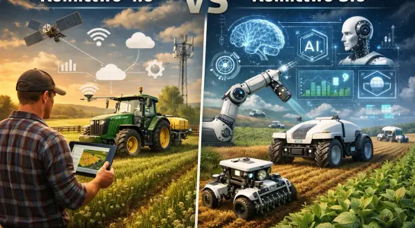 Rolnictwo 4.0: rolnik z tabletem steruje traktorem, satelita i Wi-Fi. Rolnictwo 5.0: robotyzacja, AI, autonomiczne maszyny.