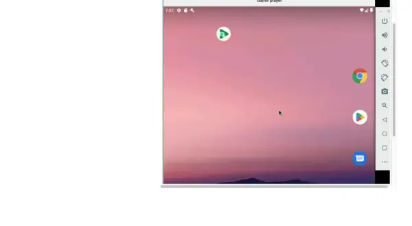 Ventana de navegador con un emulador Android online. Muestra la pantalla de inicio de un dispositivo Android con iconos de aplicaciones y un fondo de cielo rosado.