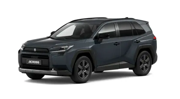 Ciemnoszary Suzuki Across, SUV z czarnymi dodatkami i felgami, gotowy na każdą podróż.