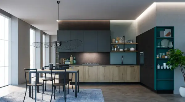 Elegante cucina ottanio e legno con isola centrale, tavolo da pranzo e illuminazione moderna.