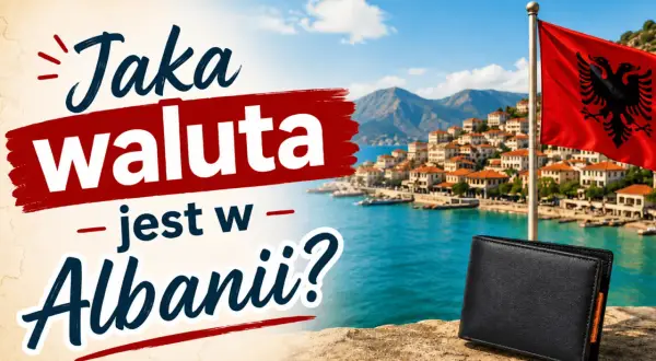 Jaka waluta jest w Albanii? Czarny portfel na tle malowniczego wybrzeża i flagi Albanii.