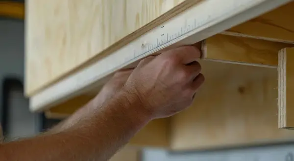 Man mid-measure, planning como poner baldas en un armario. Mide con precisión la madera para un ajuste perfecto.