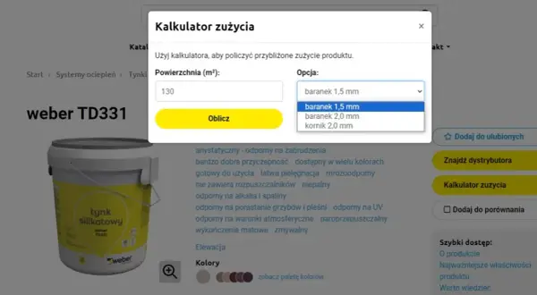 Kalkulator zużycia tynku weber TD331. Wpisz powierzchnię 200m² i wybierz grubość ziarna, by obliczyć, ile wiader tynku potrzebujesz.