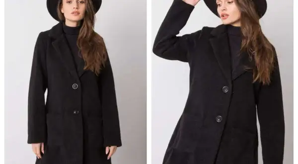 Elegancki czarny płaszcz z kapeluszem. Stylowe czarny płaszcz stylizacje na co dzień i wieczór.