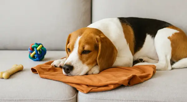Smutny beagle leży na kanapie obok zabawek. Jak zostawić szczeniaka samego w domu, by nie tęsknił?