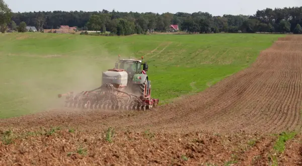 Traktor sieje, dodając do gleby niezbędne fosforany. W tle zielone pola i las.