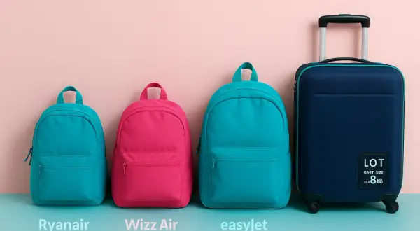 Porównanie rozmiarów bagażu podręcznego: czy można mieć torebkę i bagaż podręczny? Dwa małe plecaki (turkusowy i różowy) oraz jeden większy turkusowy plecak obok granatowej walizki.