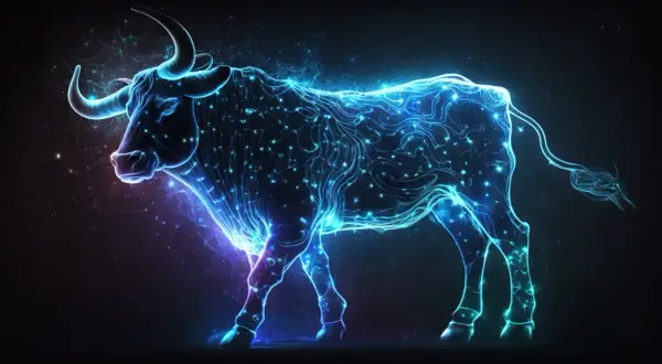 Byk z neonowych linii i gwiazd, symbolizujący 24.04 znak zodiaku.