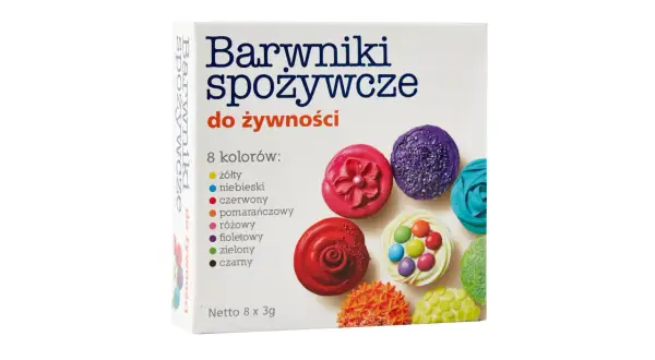 Zestaw barwników spożywczych. Zastanawiasz się, jaki kolor wyjdzie z połączenia czerwonego i niebieskiego? Sprawdź na opakowaniu!