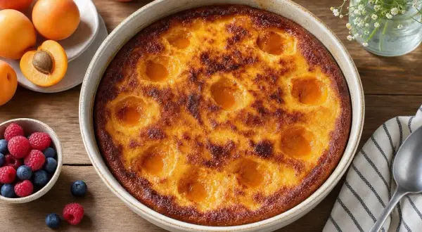 Un délicieux flan aux abricots, doré et appétissant, entouré de fruits frais et d'une touche florale.