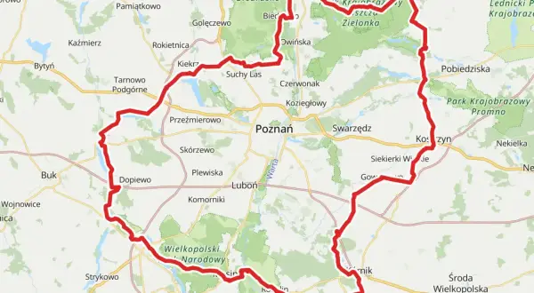 Mapa z zaznaczonymi trasami rowerowymi wokół Poznania, prowadzącymi przez tereny zielone i malownicze krajobrazy.