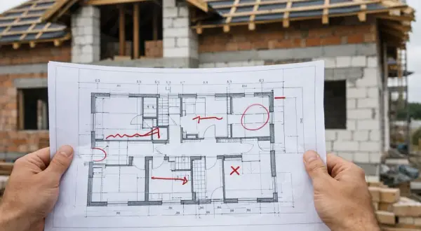 Kierownik budowy analizuje projekt domu w budowie, zaznaczając czerwonymi symbolami jakie zmiany w projekcie może wprowadzić.