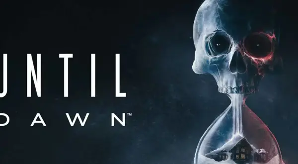 Grafika gry Until Dawn. Czas gry ucieka, gdy czaszka-klepsydra z domkiem i ludzikami w środku symbolizuje grozę.