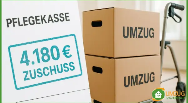 Pflegekasse zeigt 4.180€ Zuschuss. Umzugskosten bei Pflegegrad 3 werden so erleichtert. Umzugskartons und ein Rollator sind zu sehen.