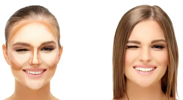 Donna con trucco per scolpire il viso, evidenziando gli zigomi alti. Accanto, il risultato finale: un volto radioso e definito.