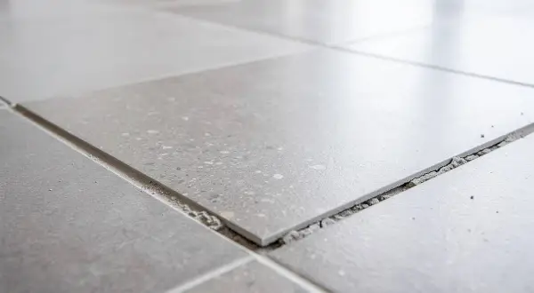 Carrelage gris, certaines dalles se soulèvent, révélant le gravier en dessous. Un signe de vieillissement, peut-être une décennale carrelage à prévoir.