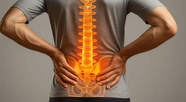 Mann mit schmerzhaftem Rücken, dessen Wirbelsäule orange leuchtet, was auf aktivierte Osteochondrose hindeutet.