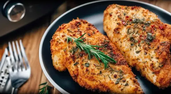 Dwa soczyste **piersi z kurczaka air fryer**, przyprawione ziołami i podane z gałązką rozmarynu. Idealne na szybki obiad.