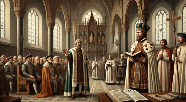 Kung Gustav Vasa läser ur en bok i en kyrka, omgiven av präster och adelsmän. Scenen skildrar reformationen i Sverige.